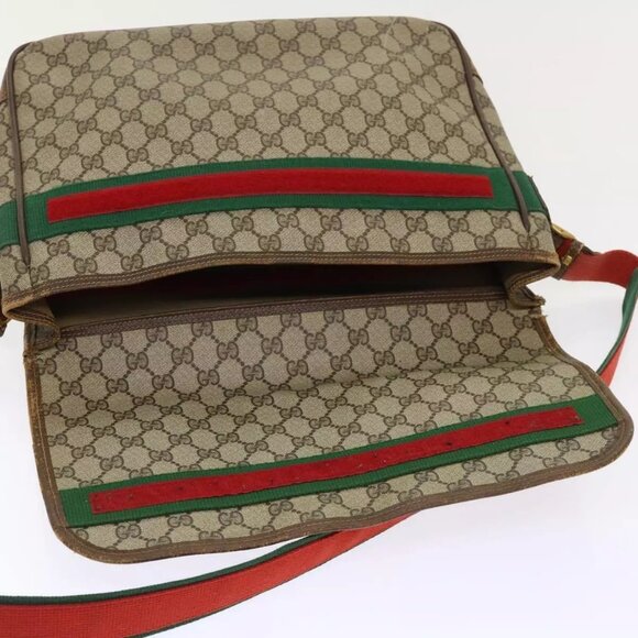 GUCCI GG Canvas Web Sherry Line Shoulder Bag Beige Red Green Auth - Picture 10 of 16